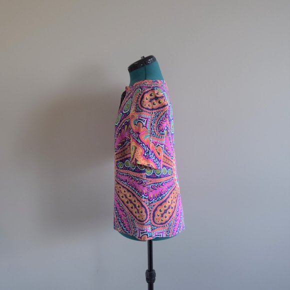 100% Silk Brightly Coloured Patterned Short Sleeve Summer Blouse - Picture 6 of 8